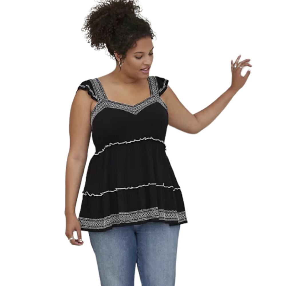 Torrid NWT Babydoll Crinkle Gauze Embroidered Tiered Top Black White Size 3X - Picture 4 of 7